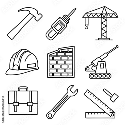 Vector art of construction tools icons in outline style