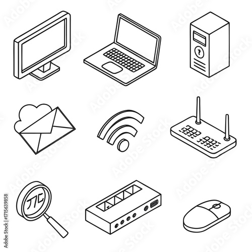 Vector art of isometric outline icons of computer, laptop, router, and other devices