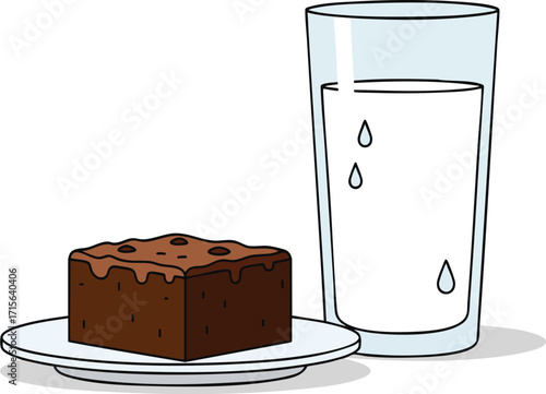 Chocolate brownie sits on a white plate next to a tall glass of milk on a white surface, creating a simple and satisfying dessert scene.