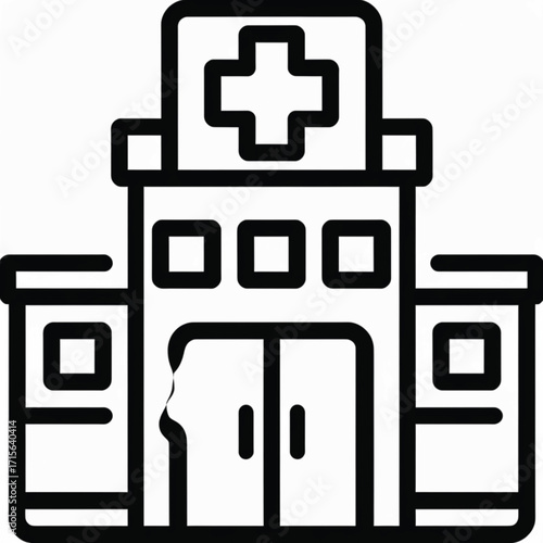 A black and white line art icon of a hospital building with a medical cross symbol on the roof.