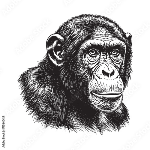 chimpanzee monkey head engraving woodcut sketch vector illustration