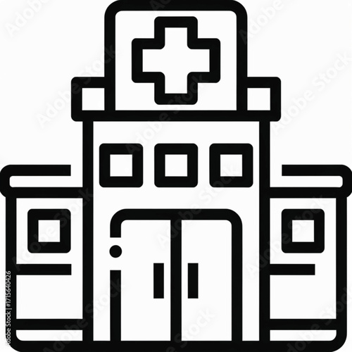 A stylized, minimalist icon representing a hospital building with a prominent cross symbol on its roof.