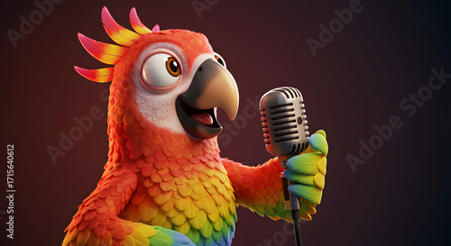 Cartoonish Cheerful Parrot Singing into a Vintage Microphone Entertainment Asset