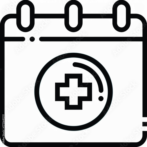A black and white outline icon representing a calendar with a medical cross symbol on it.