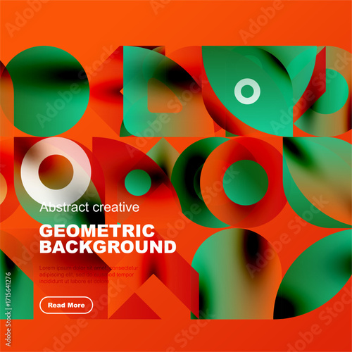 Vibrant geometric shapes overlap, creating dynamic colorful background. Text promotes creative design solutions.