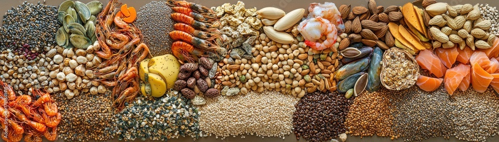 Obraz premium Mixed Nuts, Seeds, and Dried Seafood Variety Close-Up