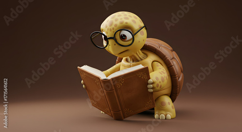 Cute Cartoon Turtle Reading Book with Glasses in Studio Render