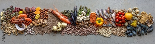 Healthy Mediterranean diet food variety flat lay