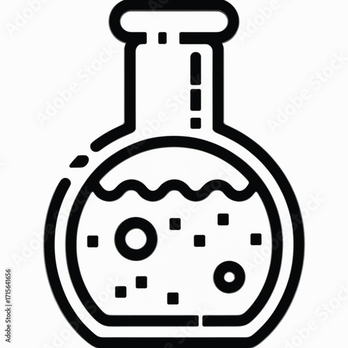 Black and white illustration of a laboratory flask filled with a liquid and small particles.