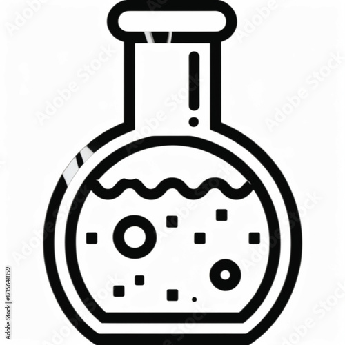 A black and white line art icon of a round-bottom flask containing a bubbling chemical mixture for a science experiment.