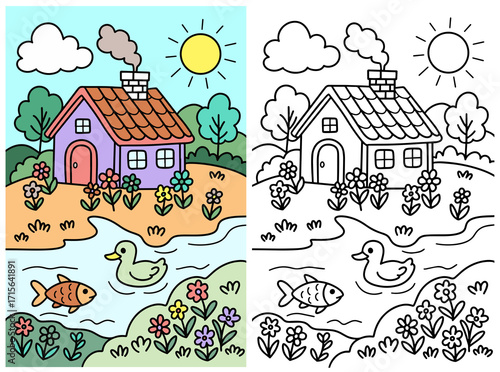 фотографія Cozy House Landscape Coloring Page