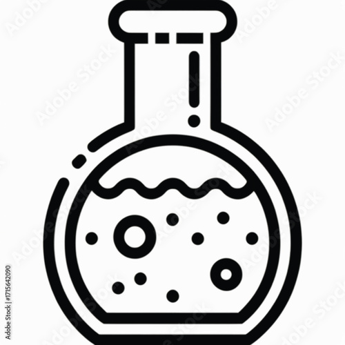 Line art icon of a round-bottom flask filled with a bubbling liquid, representing chemistry, experimentation, or scientific research.