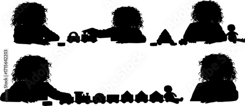 vector silhouette girl playing with toys at table on white
