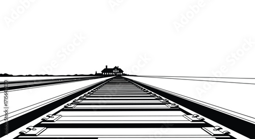 Evocative black and white railway journey toward a distant station, conveying themes of travel, destination, and linear perspective, perfect for editorial use and symbolic storytelling