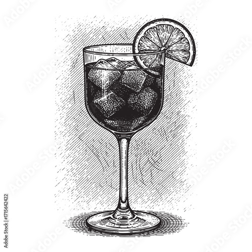 Cynar Spritz cocktail engraving woodcut sketch vector illustration