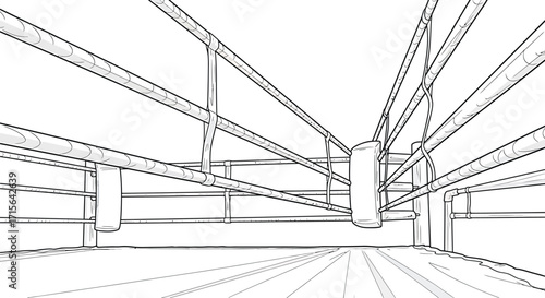 An impactful boxing arena line art, perfect for sports promotions, fitness campaigns, or bold graphic designs, showcasing strength, competition, and athletic prowess