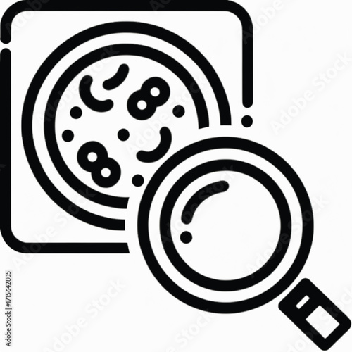 A black and white line icon of a magnifying glass examining a petri dish filled with bacteria and microorganisms.