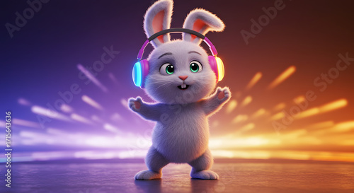 Playful Cartoonish Bunny with Headphones on Colorful Background Art Illustration
