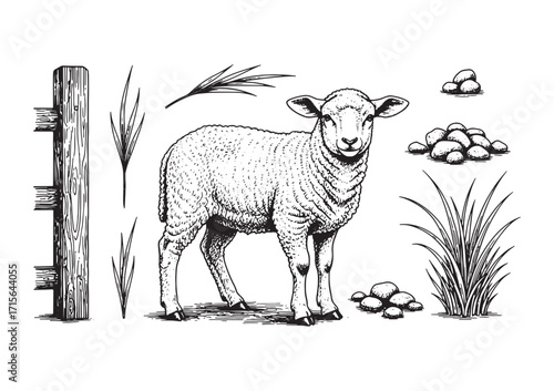farm lamb engraving woodcut sketch vector illustration