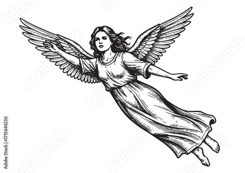 flying vintage Female angel engraving woodcut sketch vector illustration