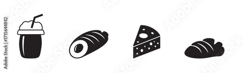 Glossy Black Icons. Foods Drinks. Meat and junk food royalty vector art, Black Food Icons, vector illustration.