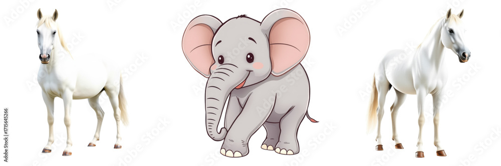 Fototapeta premium Whimsical scene showcasing two white horses flanking a cartoon elephant on transparent background