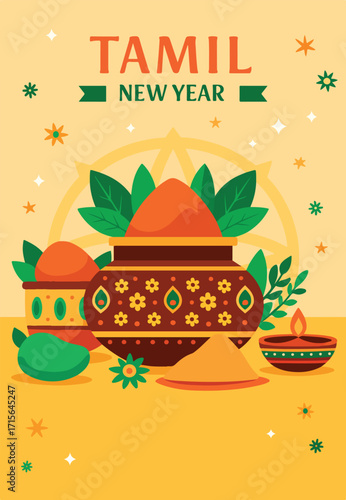 Tamil New Year Celebration Traditional Pot, Fruits, and Festive Elements