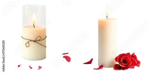 Elegant candles with roses creating warm ambiance, for romantic designs, on transparent background