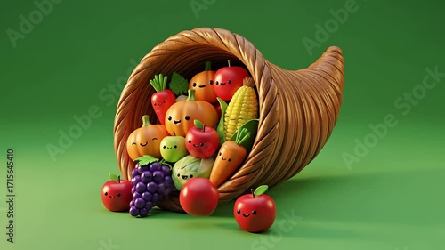 Cute cartoon cornucopia overflowing with happy autumn harvest fruits and vegetables