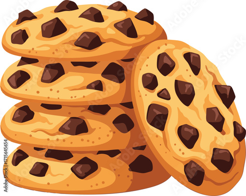 Stack of chocolate chip cookies resting on a white surface, showcasing their delicious texture and inviting appeal, perfect for a sweet treat craving.