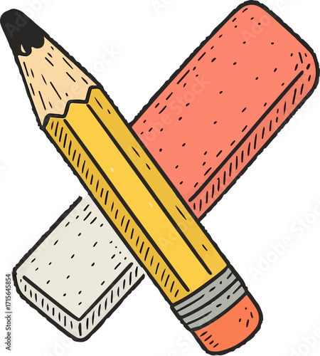 Illustration of a pencil and eraser crossing each other, ideal for stationery or art concepts