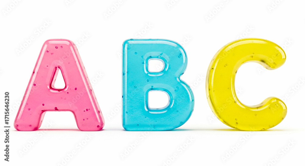 Fototapeta premium Three brightly colored plastic alphabet letters A B and C are arranged in a line against a clean white backdrop.