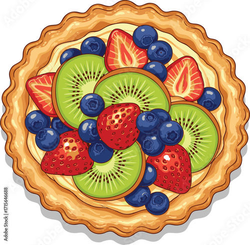 Delicious fruit tart displays vibrant colors and textures on a flaky crust, showcasing a refreshing and appetizing dessert presentation.