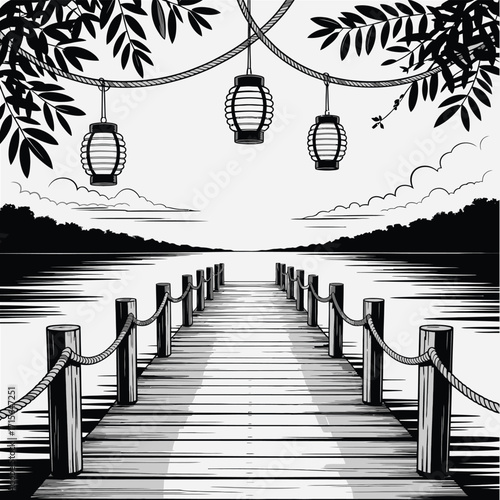 Serene Pier with Hanging Lanterns Illustration