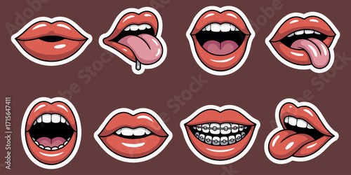 Collection of expressive red lips and mouths with tongues in various dynamic poses for design