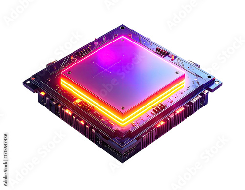 High-tech processor chip on circuit board, vibrant neon lights