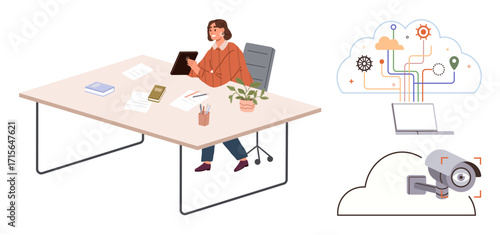 Woman at desk using tablet with office supplies, cloud computing icons, connected systems, and camera. Ideal for remote work, cloud solutions, productivity, data security, AI innovation simple flat