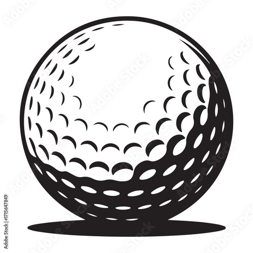 Black golf ball silhouette with dimples isolated on a clean white background isolated on white background