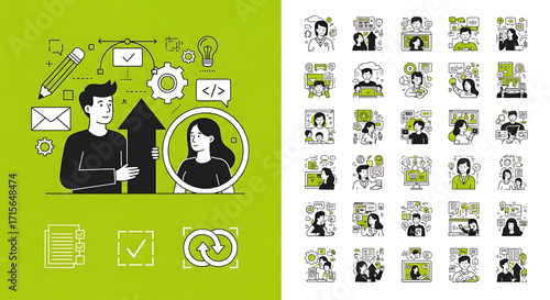 Business and technology illustrations. Concepts of web design and development, startup and online business, seo, app development, e-commerce, strategy and planning, communication.