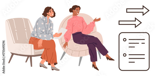 Two women seated in modern armchairs engaging in a discussion. Adjacent icons represent document sharing. Ideal for communication, teamwork, collaboration, workplace, brainstorming, exchange