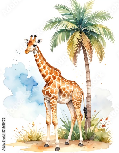 Watercolor giraffe in a tropical scene