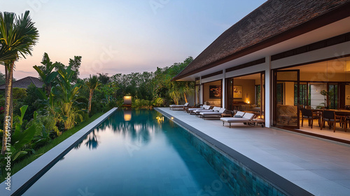 Wallpaper Mural Minimalist tropical villa with pool and garden, embodying serene simplicity and harmony. Torontodigital.ca