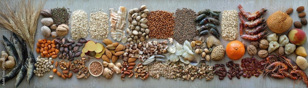 Naklejka premium Diverse Natural Grains, Seeds, Nuts, and Fruits Collection