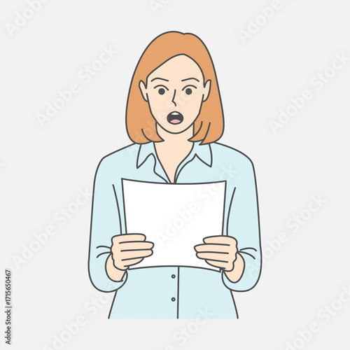 Illustration of woman holds a sheet of paper with a surprised reaction