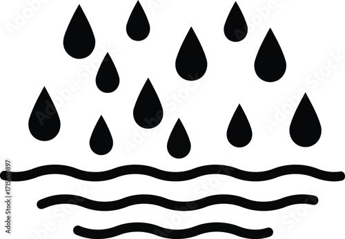Hand drawn raindrops falling on wavy water surface doodle icon vector