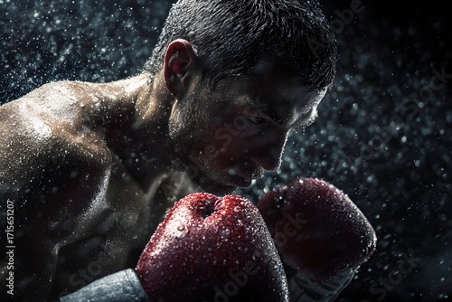 Boxer mit roten Handschuhen trainiert intensiv im Regenlicht

