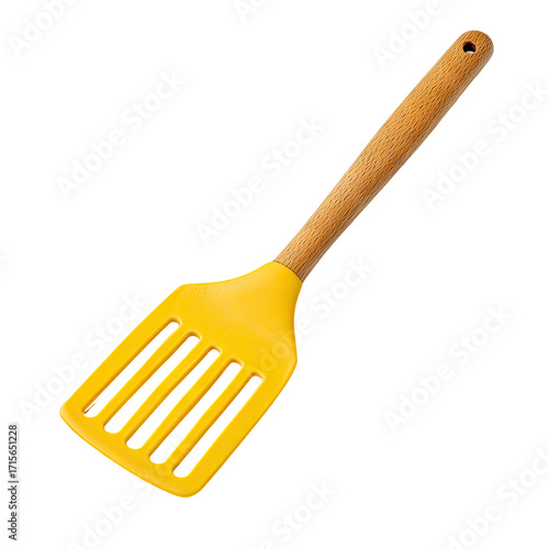 Yellow slotted spatula with a light brown wooden handle