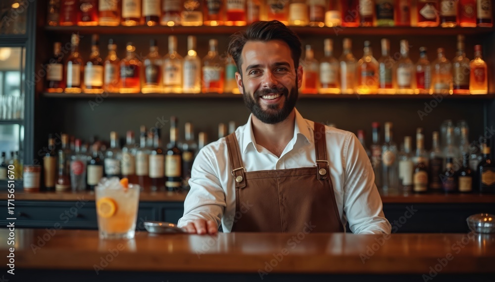 Obraz premium Smiling bartender with beard in apron stands behind bar counter. Shelves full of alcohol bottles. Cocktail with orange slice on ice. Pro barman ready to serve. Nightclub, pub, restaurant atmosphere.