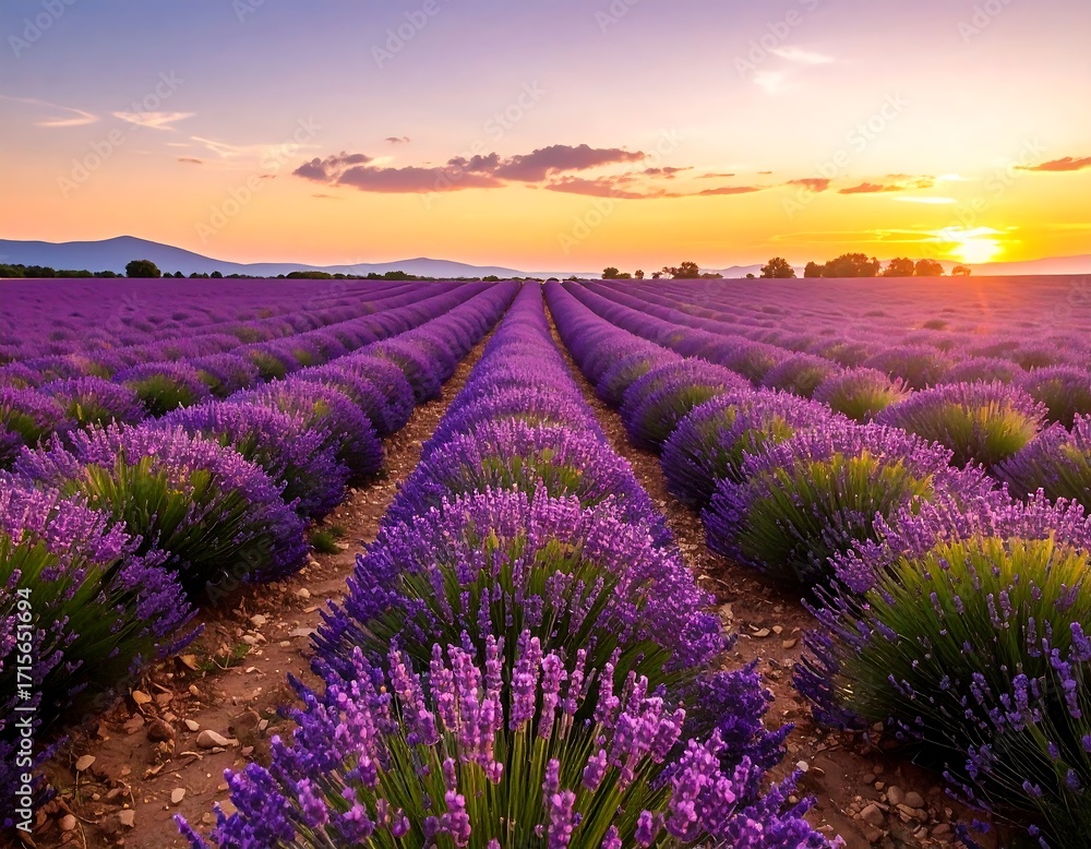 Obraz premium Lavender field at sunset. Vast rows of purple flowers