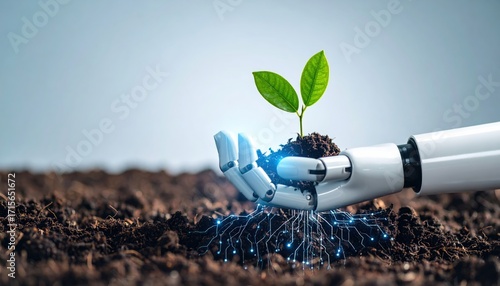 A robotic hand gently holds a young green plant sprout, with glowing digital roots connecting technology to the soil.